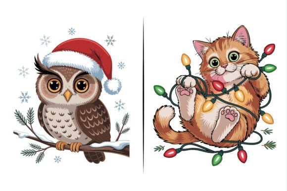 Cat Owl Christmas Animals Illustration