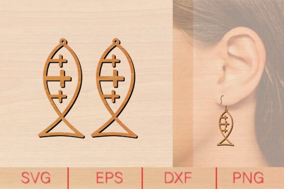 Fish Calvary Cross Wood Earrings SVG for Crafts