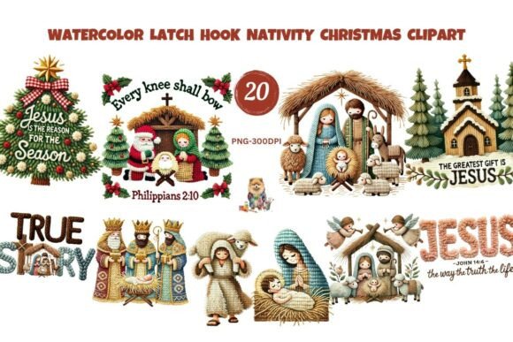 Latch Hook Nativity Christmas Watercolor Illustrations